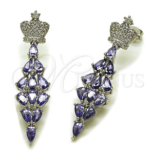 Rhodium Gold Filled Long Earring, Crown and Teardrop Design, with White and Amethyst Cubic Zirconia, Polished, Rhodium Finish, 02.282.0114.5