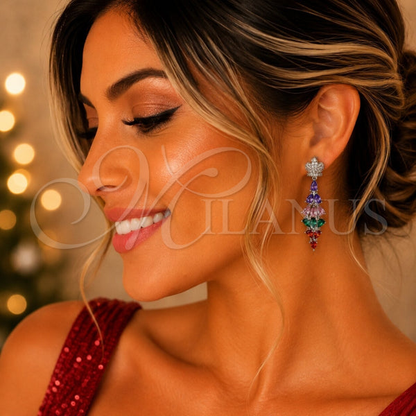 Rhodium Gold Filled Long Earring, Crown and Teardrop Design, with White and Multicolor Cubic Zirconia, Polished, Rhodium Finish, 02.282.0114.6