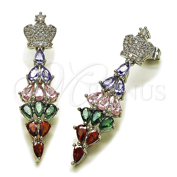 Rhodium Gold Filled Long Earring, Crown and Teardrop Design, with White and Multicolor Cubic Zirconia, Polished, Rhodium Finish, 02.282.0114.6