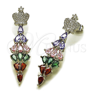 Rhodium Gold Filled Long Earring, Crown and Teardrop Design, with White and Multicolor Cubic Zirconia, Polished, Rhodium Finish, 02.282.0114.6