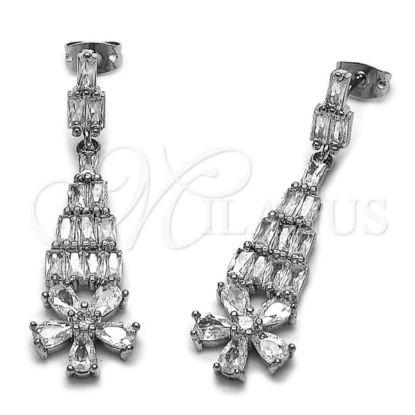 Rhodium Gold Filled Long Earring, Flower and Baguette Design, with White Cubic Zirconia, Polished, Rhodium Finish, 02.282.0113.1