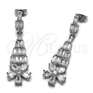 Rhodium Gold Filled Long Earring, Flower and Baguette Design, with White Cubic Zirconia, Polished, Rhodium Finish, 02.282.0113.1