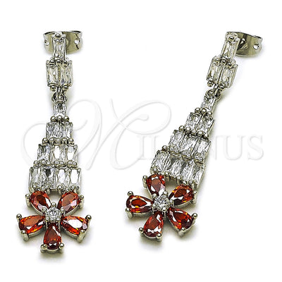 Rhodium Gold Filled Long Earring, Flower and Baguette Design, with White and Garnet Cubic Zirconia, Polished, Rhodium Finish, 02.282.0113.2