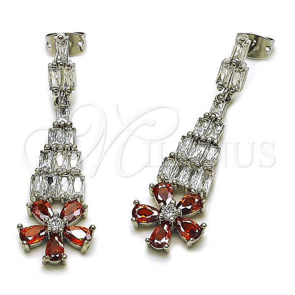 Rhodium Gold Filled Long Earring, Flower and Baguette Design, with White and Garnet Cubic Zirconia, Polished, Rhodium Finish, 02.282.0113.2