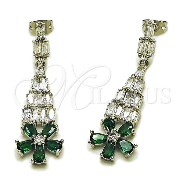 Rhodium Gold Filled Long Earring, Flower and Baguette Design, with White and Green Cubic Zirconia, Polished, Rhodium Finish, 02.282.0113.3