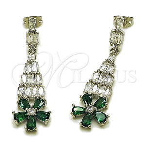 Rhodium Gold Filled Long Earring, Flower and Baguette Design, with White and Green Cubic Zirconia, Polished, Rhodium Finish, 02.282.0113.3