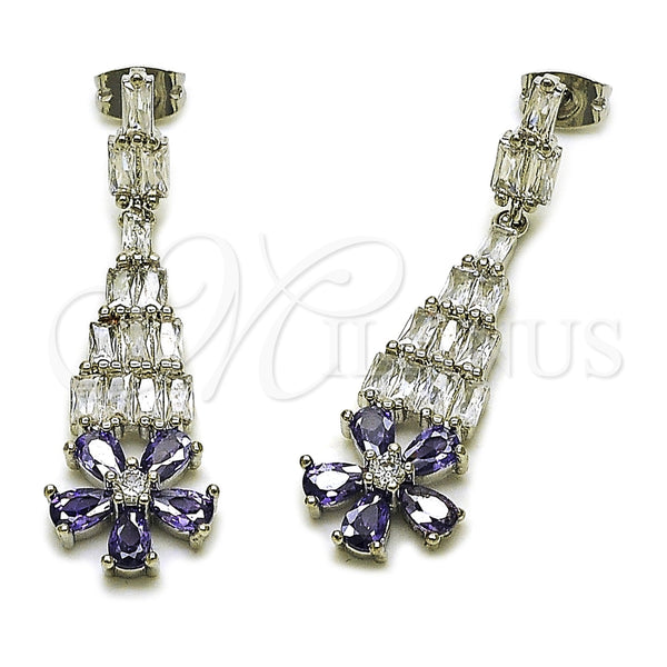 Rhodium Gold Filled Long Earring, Flower and Baguette Design, with White and Amethyst Cubic Zirconia, Polished, Rhodium Finish, 02.282.0113.4