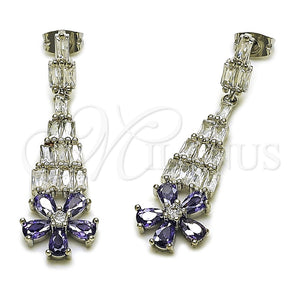 Rhodium Gold Filled Long Earring, Flower and Baguette Design, with White and Amethyst Cubic Zirconia, Polished, Rhodium Finish, 02.282.0113.4