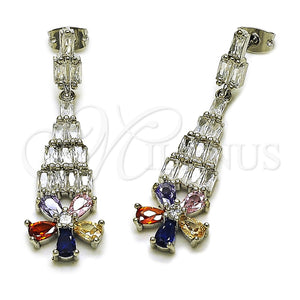 Rhodium Gold Filled Long Earring, Flower and Baguette Design, with White and Multicolor Cubic Zirconia, Polished, Rhodium Finish, 02.282.0113.5
