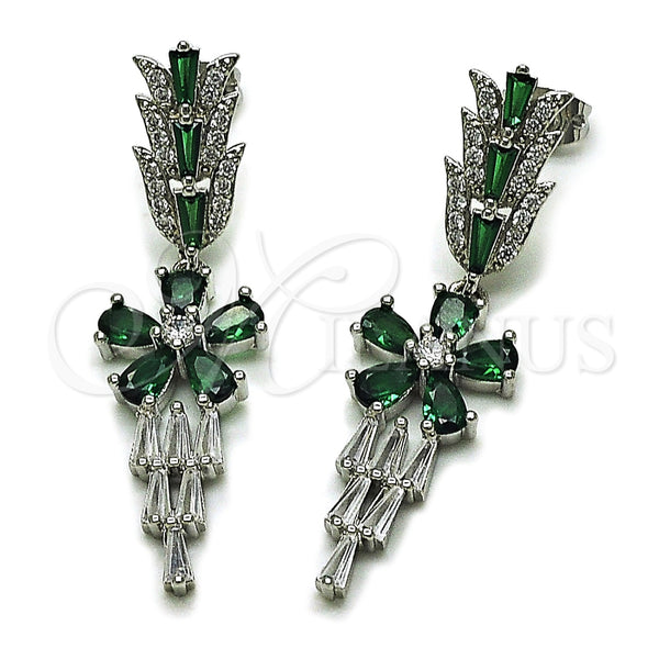 Rhodium Gold Filled Long Earring, Flower and Baguette Design, with White Cubic Zirconia and White Micro Pave, Polished, Rhodium Finish, 02.282.0115.1