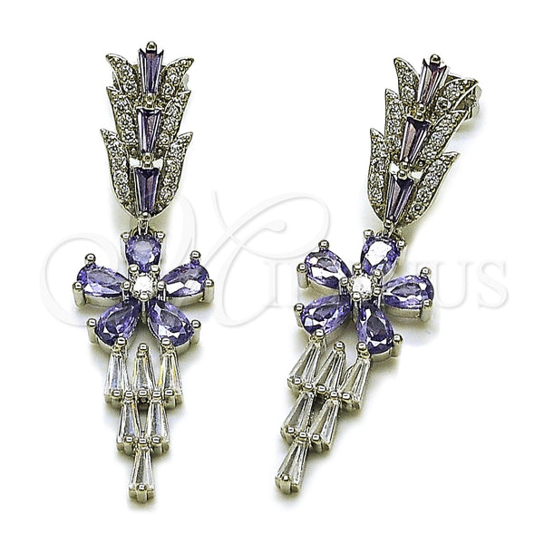 Rhodium Gold Filled Long Earring, Flower and Baguette Design, with White Cubic Zirconia and White Micro Pave, Polished, Rhodium Finish, 02.282.0115.2