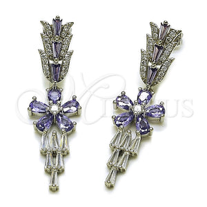 Rhodium Gold Filled Long Earring, Flower and Baguette Design, with White Cubic Zirconia and White Micro Pave, Polished, Rhodium Finish, 02.282.0115.2