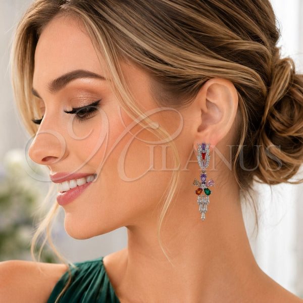 Rhodium Gold Filled Long Earring, Flower and Baguette Design, with White Cubic Zirconia and White Micro Pave, Polished, Rhodium Finish, 02.282.0115.3