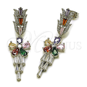 Rhodium Gold Filled Long Earring, Flower and Baguette Design, with White Cubic Zirconia and White Micro Pave, Polished, Rhodium Finish, 02.282.0115.3