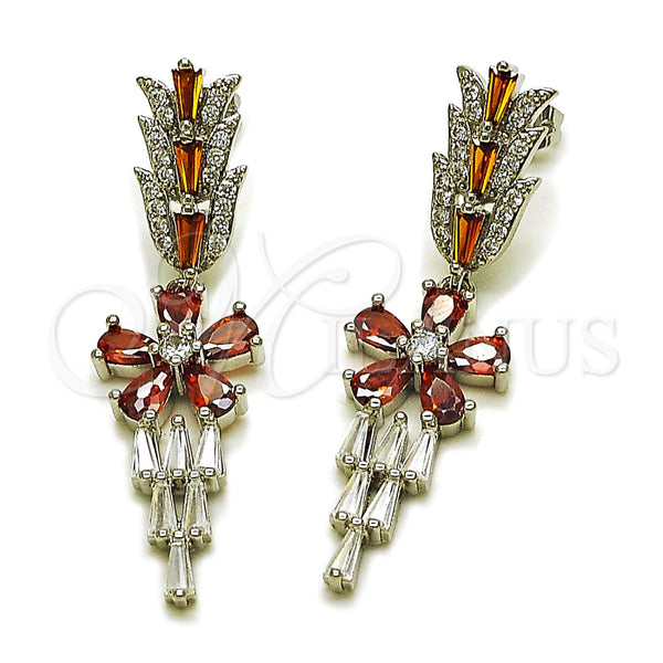 Rhodium Gold Filled Long Earring, Flower and Baguette Design, with White Cubic Zirconia and White Micro Pave, Polished, Rhodium Finish, 02.282.0115.4