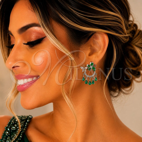 Rhodium Gold Filled Long Earring, Butterfly and Teardrop Design, with Green and White Cubic Zirconia, Polished, Rhodium Finish, 02.282.0179