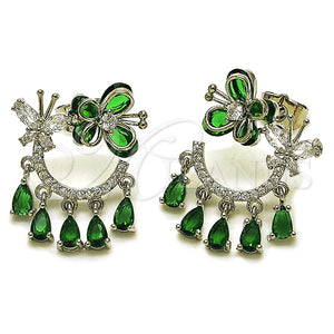 Rhodium Gold Filled Long Earring, Butterfly and Teardrop Design, with Green and White Cubic Zirconia, Polished, Rhodium Finish, 02.282.0179