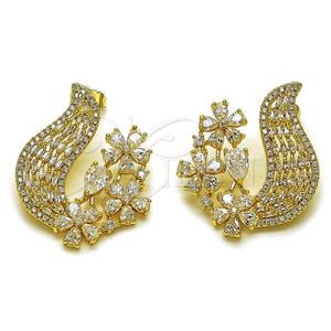 Oro Laminado Long Earring, Gold Filled Style Flower and Teardrop Design, with White Cubic Zirconia, Polished, Golden Finish, 02.283.0435