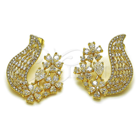 Oro Laminado Long Earring, Gold Filled Style Flower and Teardrop Design, with White Cubic Zirconia, Polished, Golden Finish, 02.283.0435