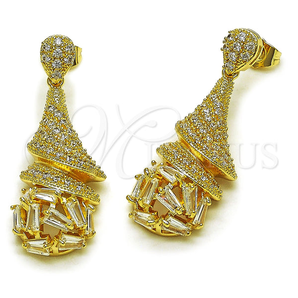 Oro Laminado Long Earring, Gold Filled Style Teardrop and Baguette Design, with White Cubic Zirconia, Polished, Golden Finish, 02.283.0436