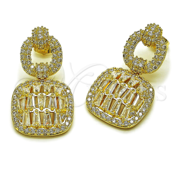 Oro Laminado Long Earring, Gold Filled Style Cluster Design, with White Cubic Zirconia, Polished, Golden Finish, 02.283.0437