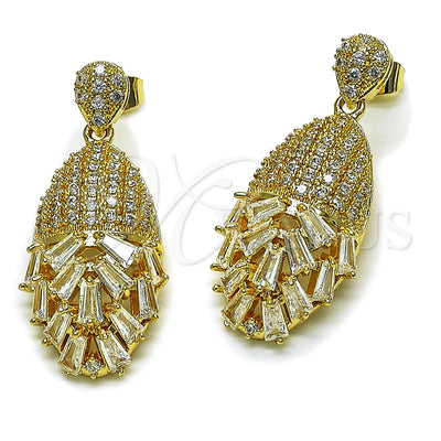 Oro Laminado Long Earring, Gold Filled Style Teardrop and Baguette Design, with White Cubic Zirconia, Polished, Golden Finish, 02.283.0438