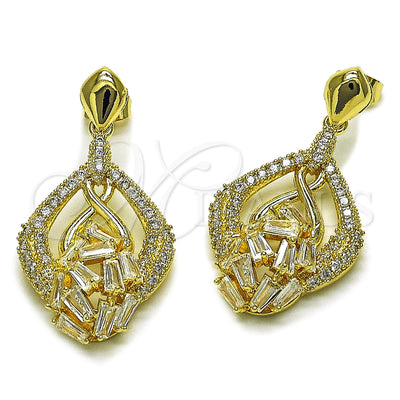 Oro Laminado Long Earring, Gold Filled Style Teardrop and Baguette Design, with White Cubic Zirconia, Polished, Golden Finish, 02.283.0439