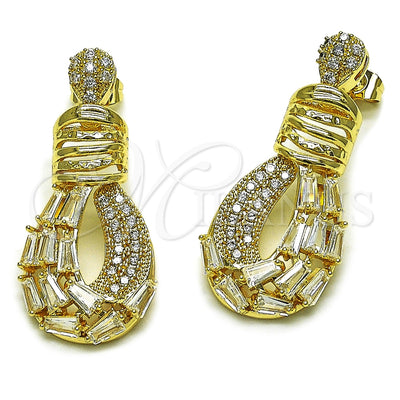 Oro Laminado Long Earring, Gold Filled Style Teardrop and Baguette Design, with White Cubic Zirconia, Polished, Golden Finish, 02.283.0440