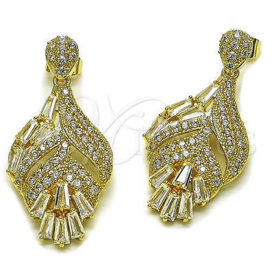 Oro Laminado Long Earring, Gold Filled Style Teardrop and Leaf Design, with White Cubic Zirconia, Polished, Golden Finish, 02.283.0441
