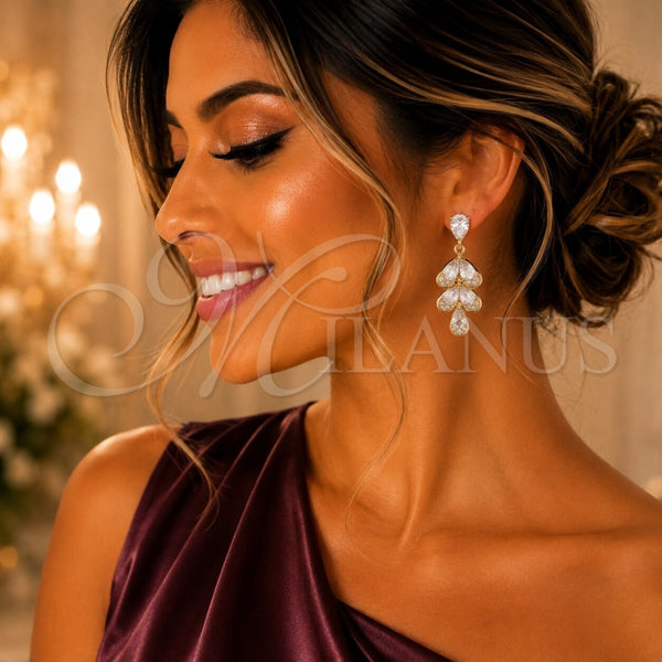 Oro Laminado Long Earring, Gold Filled Style Teardrop and Heart Design, with White Cubic Zirconia, Polished, Golden Finish, 02.283.0442