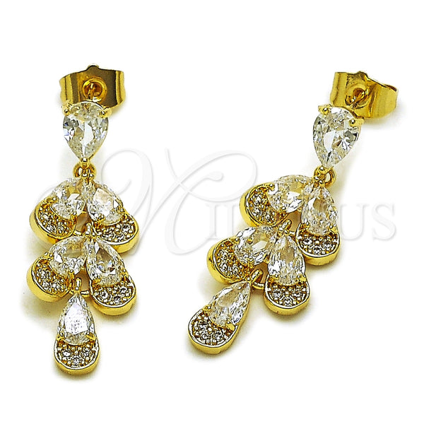 Oro Laminado Long Earring, Gold Filled Style Teardrop and Heart Design, with White Cubic Zirconia, Polished, Golden Finish, 02.283.0442