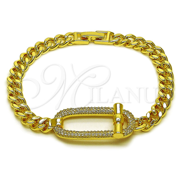 Oro Laminado Fancy Bracelet, Gold Filled Style Belt Buckle and Miami Cuban Design, with White Cubic Zirconia, Polished, Golden Finish, 03.283.0604.07 (Thickness, 8 Inches Length)