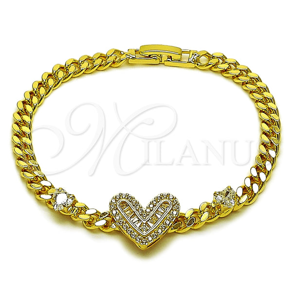 Oro Laminado Fancy Bracelet, Gold Filled Style Heart and Baguette Design, with White Cubic Zirconia, Polished, Golden Finish, 03.283.0605.07 (05 MM Thickness, 7 Inches Length)