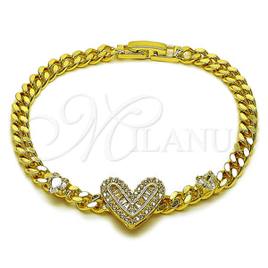 Oro Laminado Fancy Bracelet, Gold Filled Style Heart and Baguette Design, with White Cubic Zirconia, Polished, Golden Finish, 03.283.0605.07 (05 MM Thickness, 7 Inches Length)