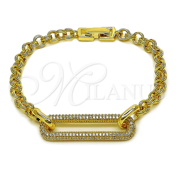 Oro Laminado Fancy Bracelet, Gold Filled Style Rolo Design, with White Micro Pave, Polished, Golden Finish, 03.283.0606.07 (05 MM Thickness, 8 Inches Length)