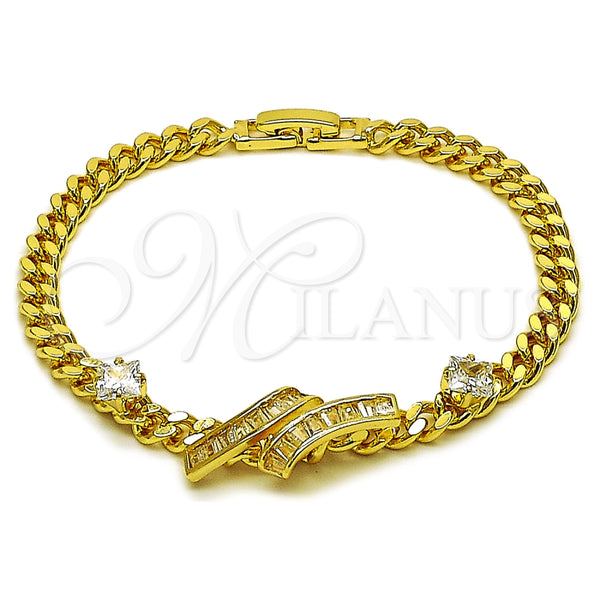 Oro Laminado Fancy Bracelet, Gold Filled Style Baguette and Miami Cuban Design, with White Cubic Zirconia, Polished, Golden Finish, 03.283.0609.07 (05 MM Thickness, 7 Inches Length)