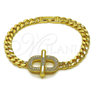Oro Laminado Fancy Bracelet, Gold Filled Style Belt Buckle and Miami Cuban Design, with White Cubic Zirconia, Polished, Golden Finish, 03.283.0610.07 (Thickness, 8 Inches Length)
