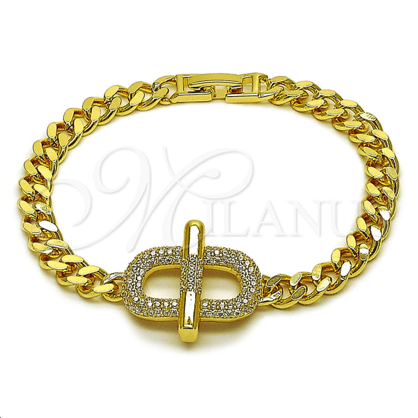 Oro Laminado Fancy Bracelet, Gold Filled Style Belt Buckle and Miami Cuban Design, with White Cubic Zirconia, Polished, Golden Finish, 03.283.0610.07 (Thickness, 8 Inches Length)