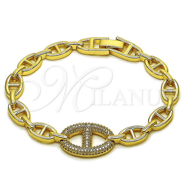 Oro Laminado Fancy Bracelet, Gold Filled Style Puff Mariner and Mariner Design, with White Micro Pave, Polished, Golden Finish, 03.283.0611.07 (Thickness, 7 Inches Length)