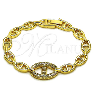 Oro Laminado Fancy Bracelet, Gold Filled Style Puff Mariner and Mariner Design, with White Micro Pave, Polished, Golden Finish, 03.283.0611.07 (Thickness, 7 Inches Length)