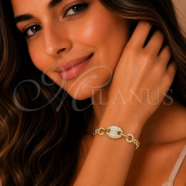 Oro Laminado Fancy Bracelet, Gold Filled Style Puff Mariner Design, with White Cubic Zirconia, Polished, Golden Finish, 03.283.0612.07 (Thickness, 8 Inches Length)