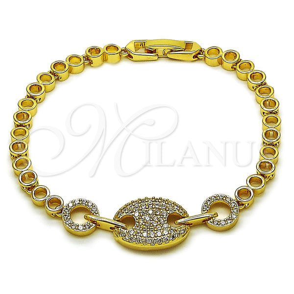 Oro Laminado Fancy Bracelet, Gold Filled Style Puff Mariner Design, with White Cubic Zirconia, Polished, Golden Finish, 03.283.0612.07 (Thickness, 8 Inches Length)