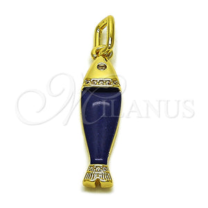 Oro Laminado Fancy Pendant, Gold Filled Style Fish Design, with White Cubic Zirconia, Blue Resin Finish, Golden Finish, 05.459.0047