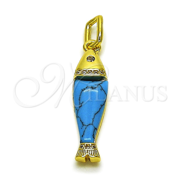 Oro Laminado Fancy Pendant, Gold Filled Style Fish Design, with White Cubic Zirconia, Turquoise Resin Finish, Golden Finish, 05.459.0047.1