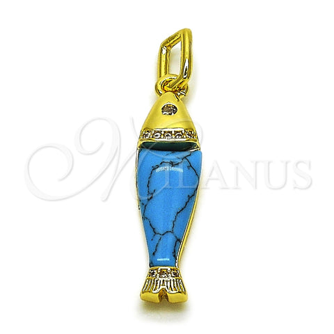 Oro Laminado Fancy Pendant, Gold Filled Style Fish Design, with White Cubic Zirconia, Turquoise Resin Finish, Golden Finish, 05.459.0047.1