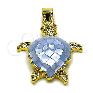 Oro Laminado Fancy Pendant, Gold Filled Style Turtle Design, with Light Sapphire Mother of Pearl and White Micro Pave, Polished, Golden Finish, 05.459.0050