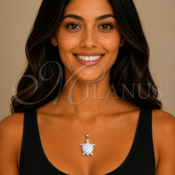 Oro Laminado Fancy Pendant, Gold Filled Style Turtle Design, with Ivory Mother of Pearl and White Micro Pave, Polished, Golden Finish, 05.459.0050.1