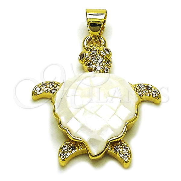 Oro Laminado Fancy Pendant, Gold Filled Style Turtle Design, with Ivory Mother of Pearl and White Micro Pave, Polished, Golden Finish, 05.459.0050.1