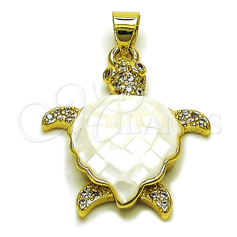 Oro Laminado Fancy Pendant, Gold Filled Style Turtle Design, with Ivory Mother of Pearl and White Micro Pave, Polished, Golden Finish, 05.459.0050.1
