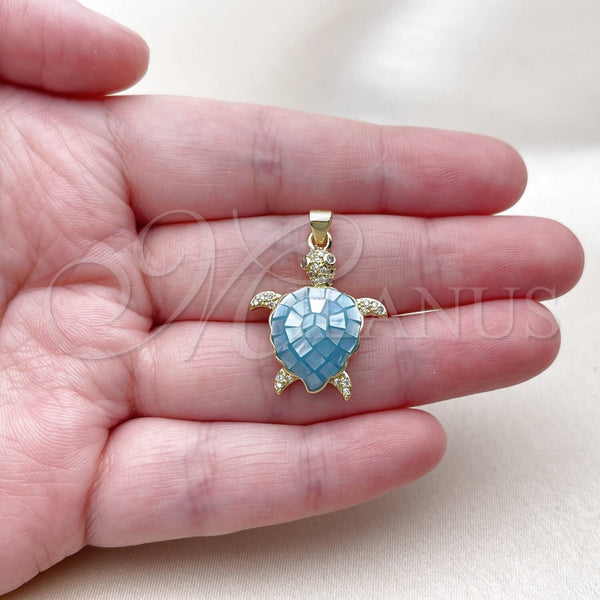 Oro Laminado Fancy Pendant, Gold Filled Style Turtle Design, with Light Turquoise Mother of Pearl and White Micro Pave, Polished, Golden Finish, 05.459.0050.2